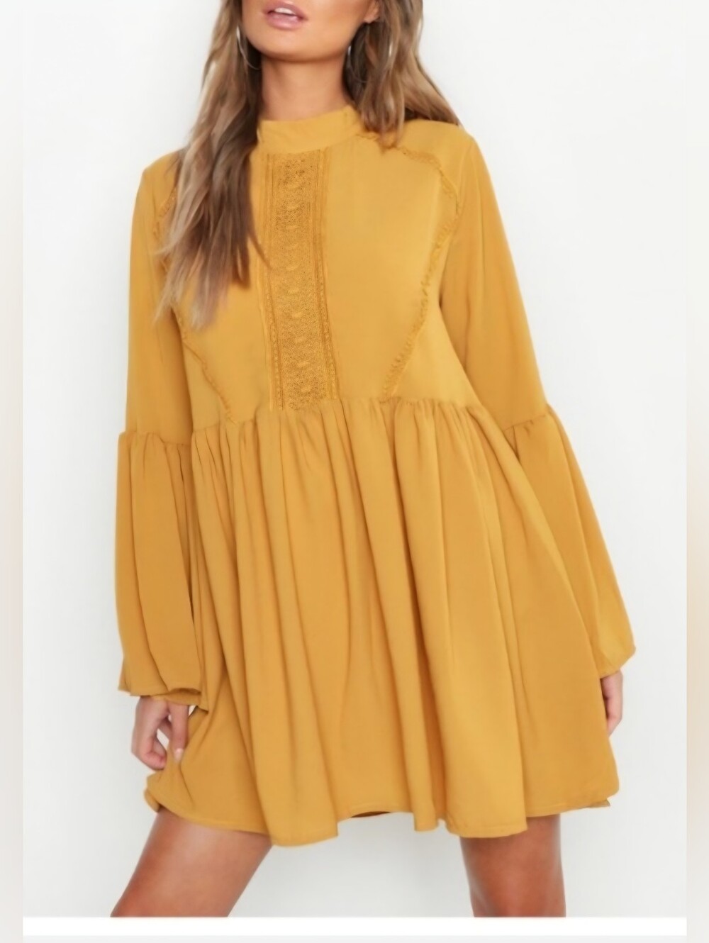 Boohoo Women's Crochet Detail Bell Sleeve Smock Dress In Yellow Size 2 NWT